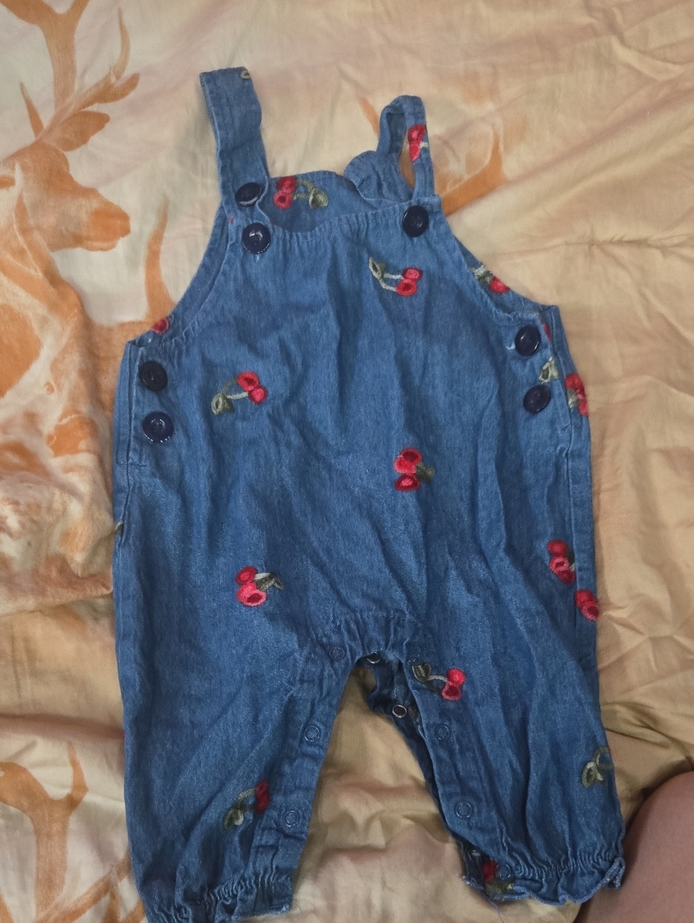 SHEIN Blue Denim Baby Overalls with Red Cherry Embroidery